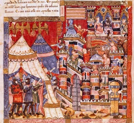 Trójai háború: Trója városa és a görög tábor. Részlet egy miniatűrről a „Codex Benito de Santa Mora” spanyol kéziratból
