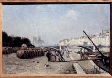 A Szajna a Sully-hídnál, a borkikötő, a Quai Saint Bernard. Stanislas Lepine (1835-1892) festménye. 1882-1885. Homályos. 0,15 x 0,23. Magángyűjtemény