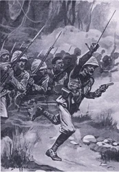A britek az Ashantis ellen Amoafulnál támadásban, 1874. január 31., illusztráció a brit szárazföldi és tengeri csatákból, 1915