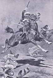 The 9th Lancers at Delhi, 1857, illusztráció a brit csaták szárazföldön és tengeren, 1915-ből