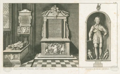 Wolverhampton – John Lane ezredes és Richard Leveson admirális emlékművei: metszet, nd [c 1798] (nyomtatás)