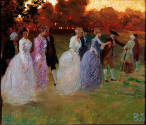 A palota visszatérése Elegáns fiatalok visszatérő világi eseményről (buliról vagy fogadásról) (Vissza a palotából) Stefano Baghino festménye (1881-1920) génjei, Galleria d
