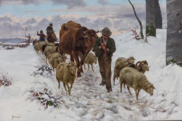 Visszatérve a piacról a hóesés után", 1877 előtt (olaj, vászon)