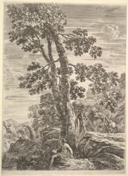 Egy halász középen balra fordulva egy nagy fának dőlve, egy nő sétál..., kb. 1652-57.
