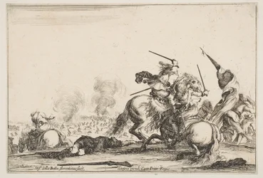 Csete, jobbra két lovas karddal harcol, zászlót vivő férfiak rohannak..., kb. 1645.