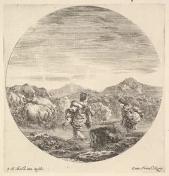 Egy nő egy gyermeket cipel középen, hátulról nézve, egy másik nő jobbra, arccal..., kb. 1643-48.