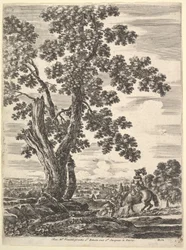 Egy lovon ülő nő hátulról jobbra leereszkedik egy dombról, egy nagy fa..., kb. 1652-57.