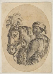 Egy fekete rabszolga leopárdbőrt visz, és egy ló kantárját tartja, a Több fej ... című műből, 1649-50