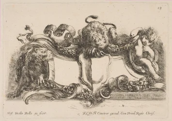 Oroszlánnal felülírt, oroszlán és gyermek által keretezett üres pajzsot tartalmazó karton, 1646.