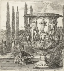De Jonge Cosimo III de Medici tekent de Medici-vaas Róma, a Medici kertekben, kivételes márvány (cím a tárgyon) Gezichten op Rome en omgeving (sorozat címe) Six grandes vues, dont quatre de Rome et deux de la Campagne romaine (sorozat címe)