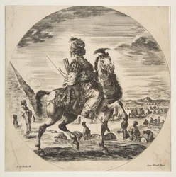 Jobbra néző mór lovas profilból, a háttérben balra egy piramis, sok al..., 1651 körül.