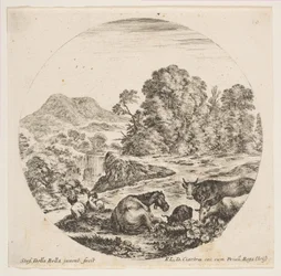 10. tábla: középen fekvő ló, jobb oldalon egy tehén és két kecske, két ülő juhász..., kb. 1646.