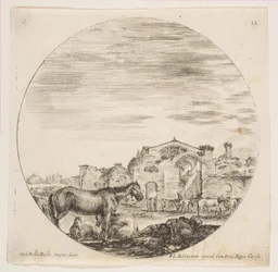 12. tábla: jobbra a földön alvó pásztor, balra három ló, egyéb hors..., kb. 1646.