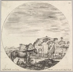 12. tábla: jobbra a földön alvó pásztor, balra három ló, másik h..., kb. 1643-48.