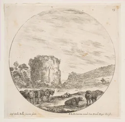 13. tábla: templomromok római tájon, római tájakból és romok P..., kb. 1646.