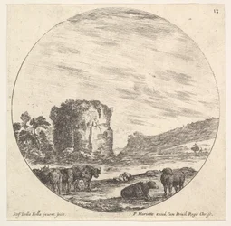 13. tábla: a háttérben egy ősi templom romjai, az előtérben tehéncsorda..., kb. 1643-48.