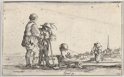 13. tábla: balra két paraszt áll, középen egy nyomorék térdel a földön, egy..., kb. 1642.