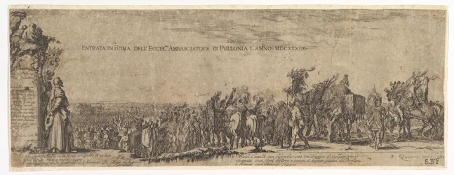 1. tábla: A lengyel nagykövet bejárata Rómába, balra a Medici-címer, 1633.