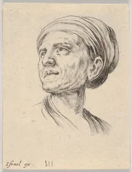4. tábla: motorháztetős öregasszony feje, balra nézve Különféle fejek és alakok..., 1650.