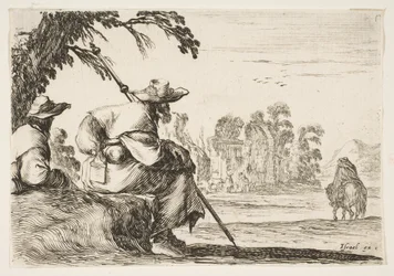 5. tábla: balra két kalapos zarándok, hátulról nézve lovas lovagol felé..., 1642.