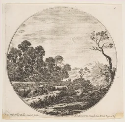 6. tábla: tehenek átkelnek egy völgyön balra, egy lovas és más tehenek a háttérben..., kb. 1646.