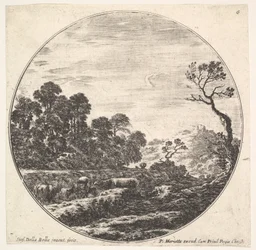 6. tábla: tehenek átkelnek egy völgyön balra, egy facsoport balra, egy lovas és o..., kb. 1643-48.