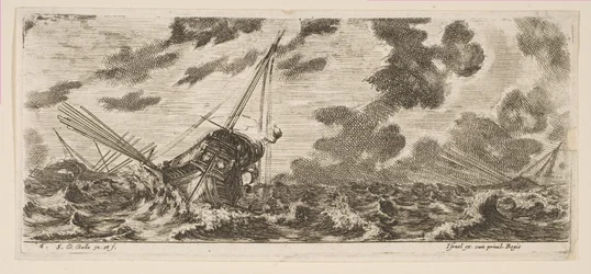 6. tábla: három hajó egy viharban, a Various Embarkations Divers rakpartokról, kb. 1646-47.