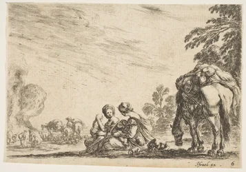6. tábla: két nő, az egyik gyermeket szoptat, egy kutya és egy csomagot vivő ló mellett ülve..., 1642.