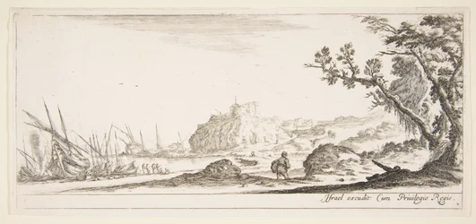 7. tábla: különböző csónakok a parton balra, egy férfi táskát cipelő, hátulról nézve és wa..., kb. 1641.