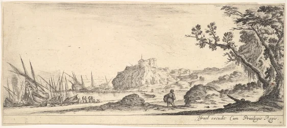 7. tábla: különböző csónakok a parton balra, egy férfi táskát cipelő, hátulról nézve és wa..., kb. 1641.