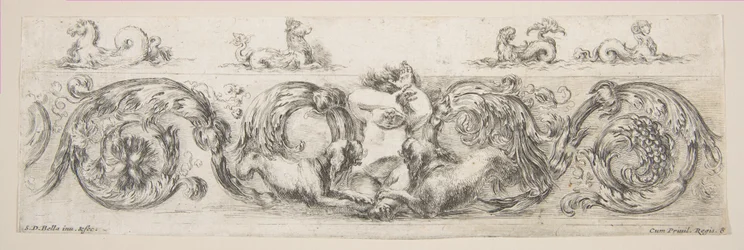 Rinceaux kutyáktól megrémült gyermekkel, 8. tábla innen: „Dekoratív frízek és lombok”..., kb. 1648.