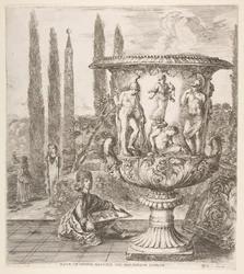 A Medici-váza, jobbra egy nagy váza, amelyet... 1656-os áldozati ábrázolás díszít.