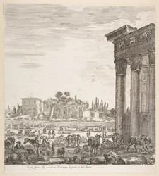 Jobbra az Antoninus-templom oszlopai, középen a Campo Vaccino egy része és..., 1656.