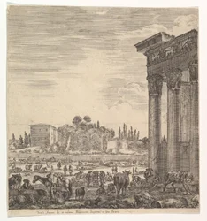 Jobbra az Antoninus-templom oszlopai, középen a Campo Vaccino egy része és..., 1656.
