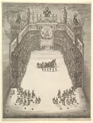 Modenai Színház felülről nézve, tele nézőkkel, diadalmas autóval a cen..., 1652.