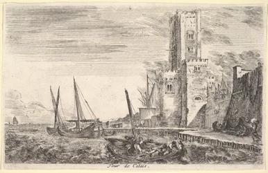 Calais tornya Tour de Calais, torony jobbra, két hajó a tengerben balra és cent..., 1647.