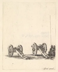 Két ágyú, két katona hátulról jobbra ülve, a „Felszerelés in..., kb. 1638-43.