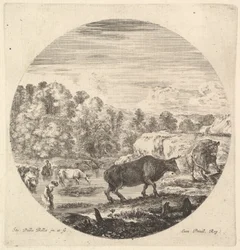 Két tehén a közepén, majd két parasztasszony és más tehenek a folyóban le..., kb. 1643-48.