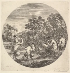 Két szatír és egy faun ül jobbra, és néz két szatír gyermeket és egy másik szatírt, kb. 1643-48.