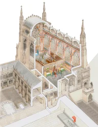 Szent István kápolna, Westminster, alacsony kerengővel, 1520-1530 körül (rajz 2015) (tus és akvarell)