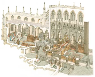A Westminster apátság keleti vége a reformáció előtt, 1500-1525 körül (tus és akvarell)