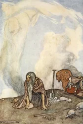 A fehér parkó ködkoszorúként tűnt el a szemük elől, illusztrációja T.W. „Finn nagy tettei és más ókori írországi bard románcok” című művéből. Rolleston (színes litó)