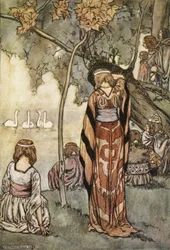 Tábort ütöttek, és a hattyúk énekeltek nekik, T.W. „The High Deeds of Finn, and other Bardic Romances of Ancient Ireland” című művéből. Rolleston (színes litó)