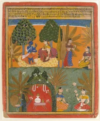 Krishna és Radha bizalmasaikkal: Oldal egy szétszórt Gita Govindából, kb. 1655-60.