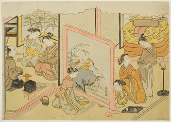 Egy csésze szaké lefekvés előtt (Toko sakazuki), a "Házasság brokátmintás, az erényes nő kocsija (Konrei nishiki misao-guruma)" sorozat hatodik lapja.