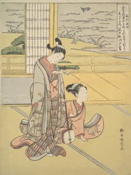 Fiatal férfi és nő Shamisennel, Monk Saigyo, a Hármasra utaló sorozatból..., kb. 1768.