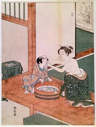 Egy meztelen anya vízzel teli medence mellett mossa gyermekét Japánban. Suzuki Harunobu (1725-1770) fametszete. 1766-1768. Méret: 0,27 x 0,201 m. Párizs, Musée Guimet, Ázsiai Művészetek Nemzeti Múzeuma