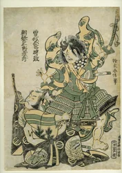 Asaina Saburo Yoshihide Soga no Goro páncélját húzza, 1777 körül (fatömbnyomat)