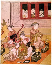 Muzsikáló kurtizánok, voyeurök tekintetének kitéve. Suzuki Harunobu (1725-1770) japán metszete. 1769 körül. Méretek: 0,27 x 0,21 m. Párizs, Guimet Múzeum, Ázsiai Művészetek Nemzeti Múzeuma