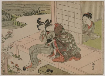 Nő, aki fiatal pár ölelését nézi a verandán, az 1760-as évek végén.